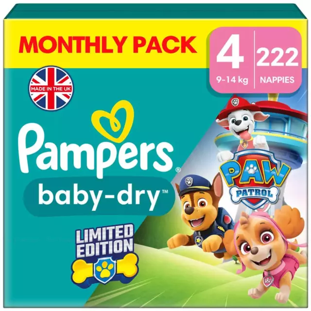 Pampers Paw Patrol Baby Dry Size 4 Nappy 9-14kg Saving Monthly Pack 222 Nappies