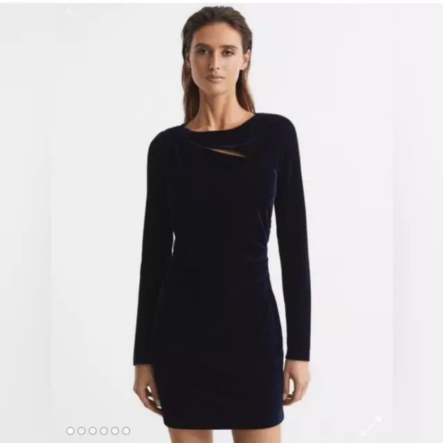 Reiss Mini Dress Womens 12 Blue Katie Velvet Cut Out Long Sleeves Bodycon