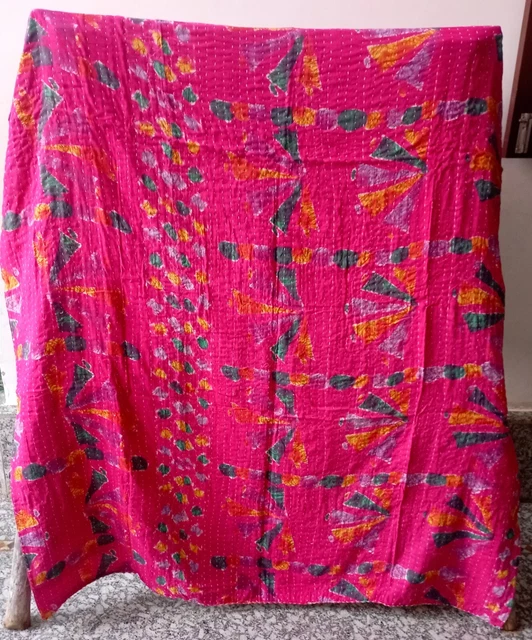 BLANDO 1 Piece Handmade Indian Vintage Kantha Quilts Reversible Bohemian Home Decor Blanket Assorted Color Twin Size 85x55 Inches Multicolor%2f