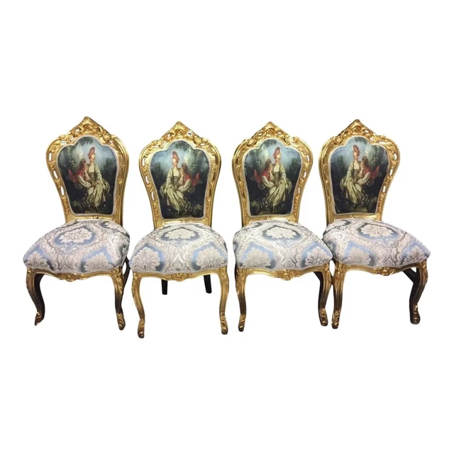 French Louis XVI Dining Chairs in Damask and Scenery - Set of 4 French Louis XVI Dining Chairs in Damask and Scenery - Set of 4