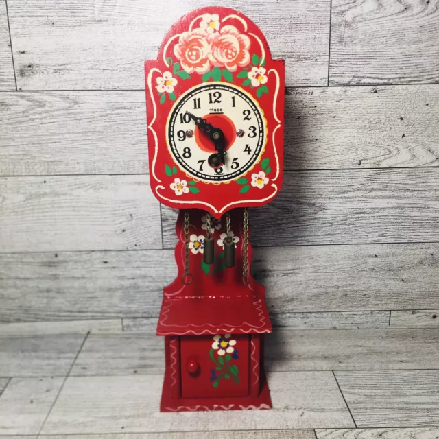 VTG Miniature Grandfather Clock Heco Germany Red Wood Hand Painted Henry Koehler