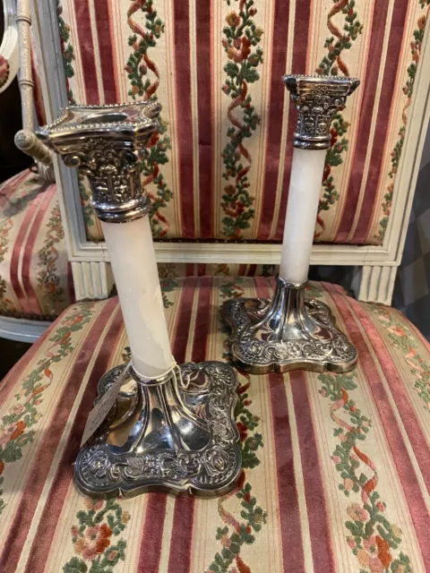 A Pair of Edwardian Onyx and Silver Plated Candlesticks