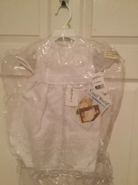 NWT White Small World Christening Outfit Baptism Infant Bonnet 0-3 months