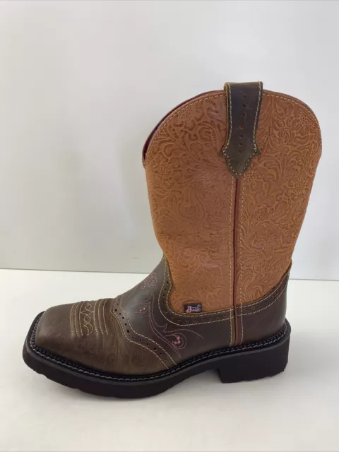 Justin STARLINA Floral Embossed Brown Leather Square Toe Western Boots Women 9 B 2