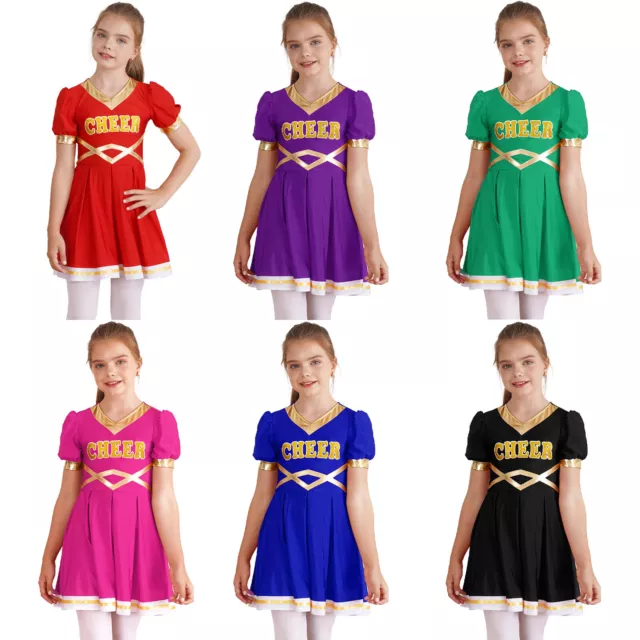 UK Kids Girls Cheerleader Costume School Cheerleading Uniform Short Puff Sleeve