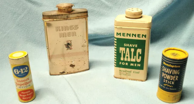 Vintage MENNEN KINGS MEN Shave Talc Tins REMINGTON Shaving Powder 6-12 Repellent