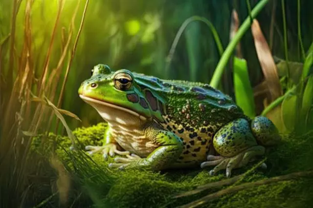 grüner frosch sitzt auf grünem gras im wald, erstellt mit generativer ai [...]