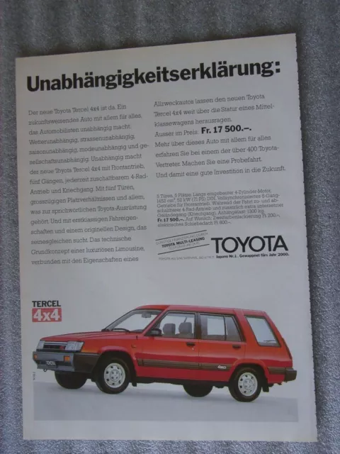 Toyota Tercel 4x4 + Volvo Werbeanzeige / Advert, CH,1983