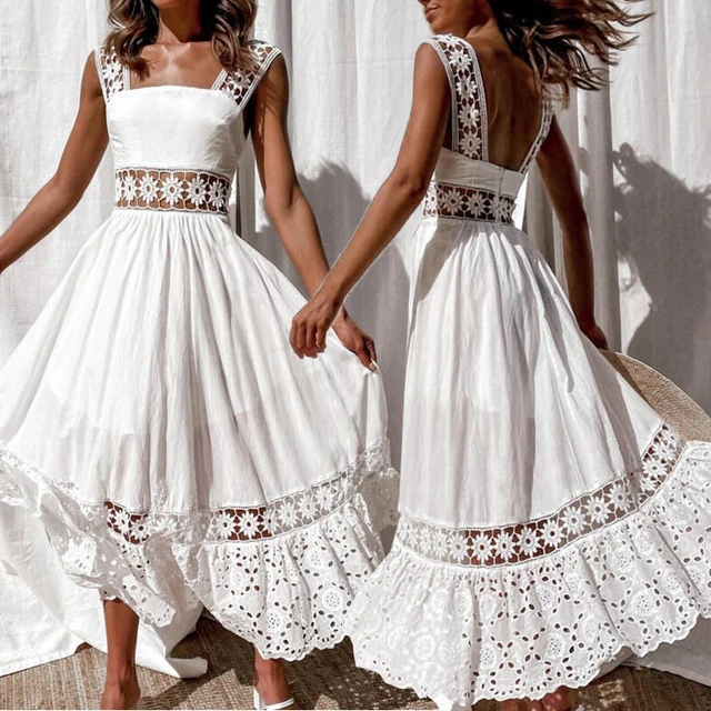Donna Boho Pizzo Abito Lungo Da Festa Da Cocktail Spiaggia Estiva Prendisole