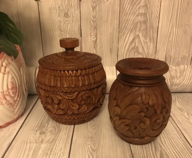 Vintage wooden hand carved vase & barrel/jar with lid. Bohemian Dark Wood