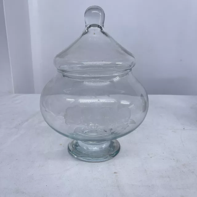 Vintage Lidded Footed Glass Bowl with Floral Etching
