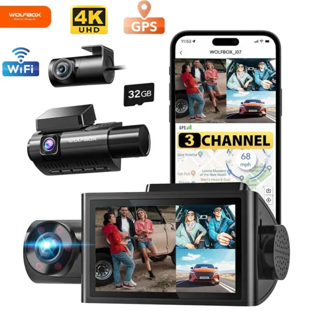 WOLFBOX I07 Dash Camera 3 Channel 4K Dash Cam Built-In WiFi & GPS Parking Mode