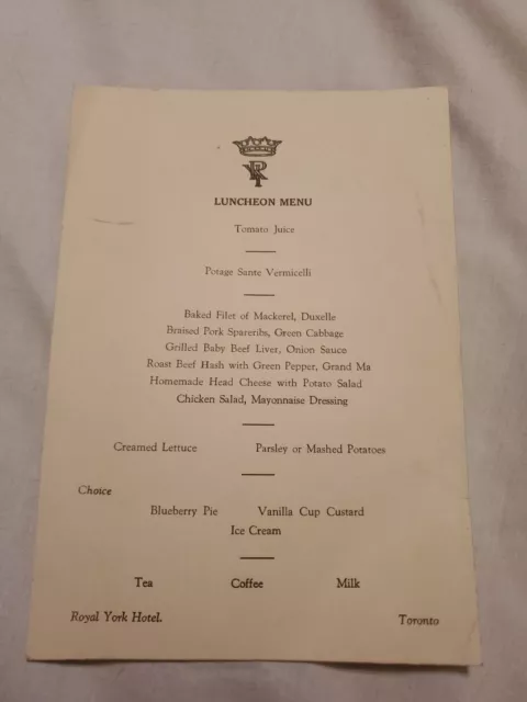 Vintage Menu From Royal York Hotel, Toronto