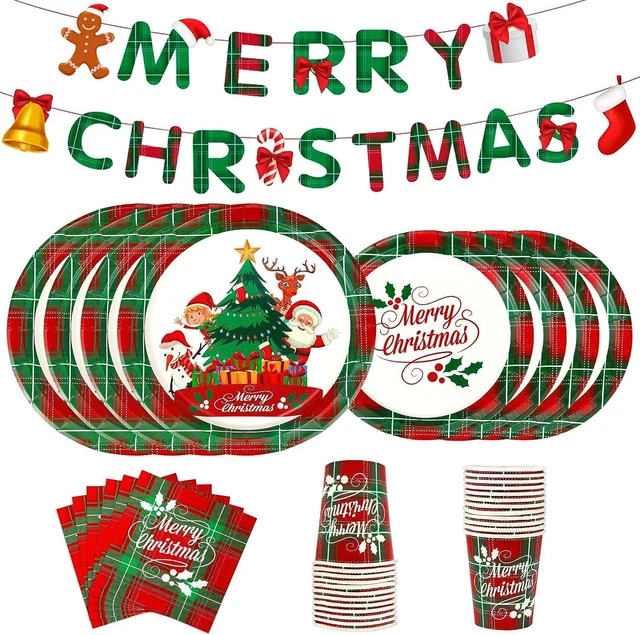 Stoviglie Di Carta Per Feste Di Natale - Set Completo Per 24 Ospiti, Con Piatti, Bicchieri E Tovaglioli - Decorazioni Natalizie Riciclabili