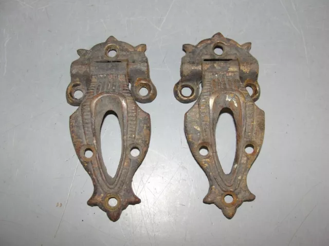 Cast Brass Ornate Offset Ice Box Chest Cabinet Door Hinge Hardware Set Antique