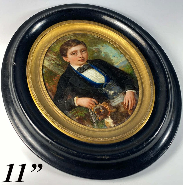 19th Century French Portrait Miniature, Boy Child with Dog, Back-Painted Glass