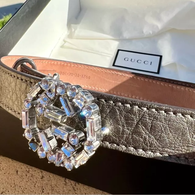 Gucci Crystal Belt Interlocking G Metallic Calfskin Leather Swarovski With Box