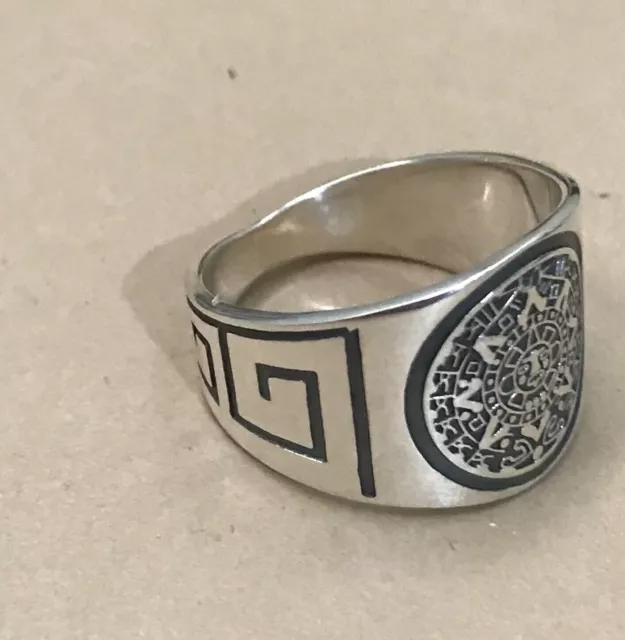 Mexican 925 Silver Taxco Etched Side Design Aztec Calendar Mayan Shiny Ring Size