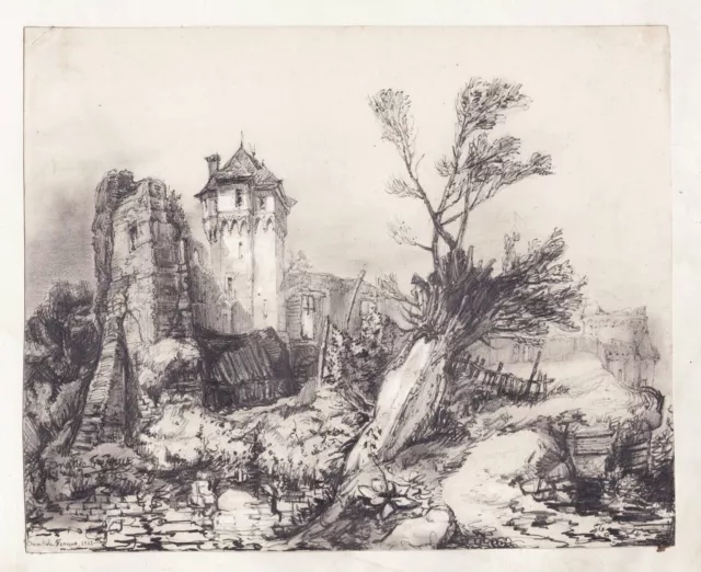 Castle Ruins Tower Chateau France Drawing Design 1840