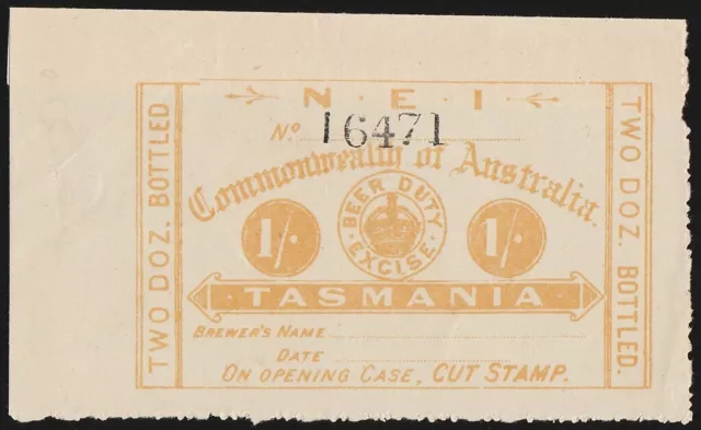 TASMANIA Beer Duty 1903 Crown 1/- yellow NEI 2 Dozen Bottled, smaller size. Rare
