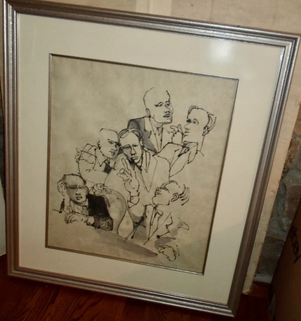 Large, Vintage, Original, Framed, Pen And Ink Drawing, Men At A Meeting/Office