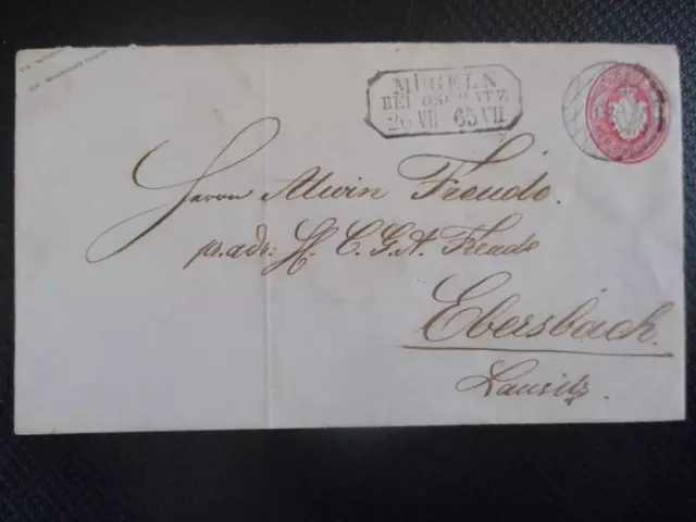 (X3226) Sachsen GA-Umschlag Gitterstempel MÜGELN - Ebersbach 1865