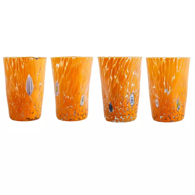 Set of Four 4 Murano Glass Drinking Art Tumblers Orange Handmade Millefiori