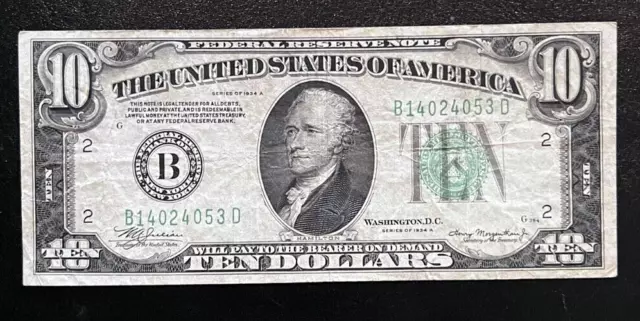 1934A $10 United States Federal Reserve Note, B-New York B14024053D