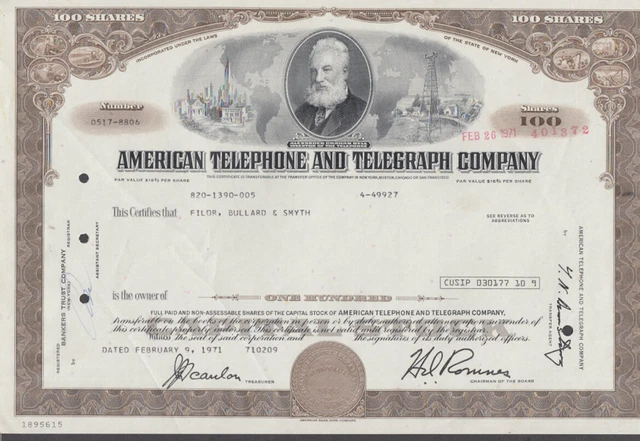 American Telephone & Telegraph 100-share Stock Certificate 1971