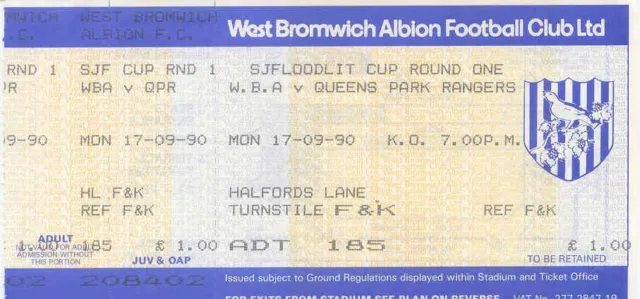 Ticket - West Bromwich Albion v Queens Park Rangers 17.09.90 Southern Junior Cup