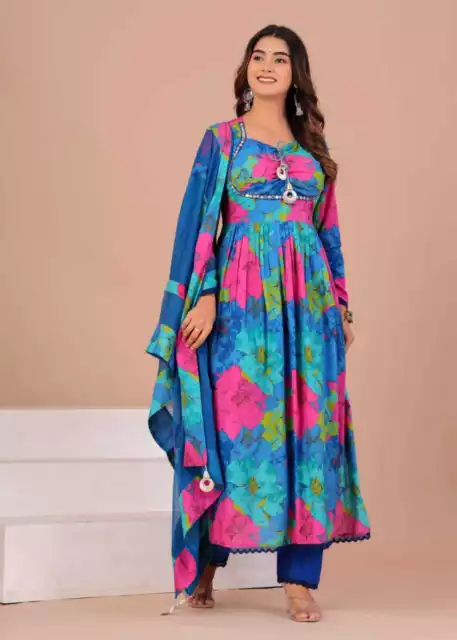 Ricamo Specchio Lavoro Salwar Kameez Donna Indiano Designer Tunica Kurti Set 2