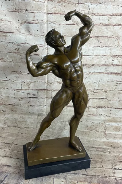 Original Iron Man Muscular Male Muscle Trophy Bronze Marble Sculpture Decor Sale 3