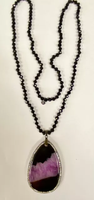HSN JK NY Agate Slab & Beads Drop Pendant Strand 32" Necklace