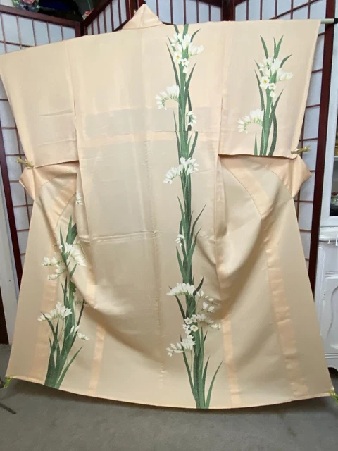 Vintage Light Orange Silk Hitoe Houmongi Kimono with Floral Motifs