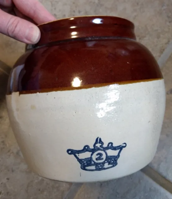 Robinson Ransbottom 2Qt., Blue Crown Two Tone Stoneware Crock Bean Pot, NO LID