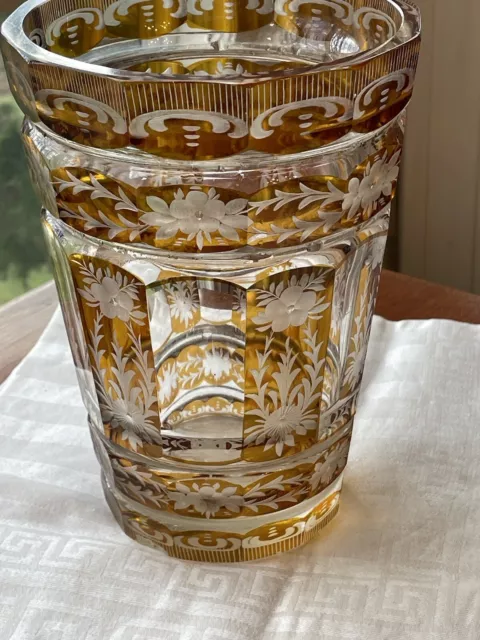 Antique Bohemian Moser Amber Art Glass engraved and Cut-to-Clear  Deco Vase