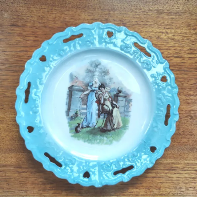 Vintage 8.5" Decorative Lattice Cutout Plate Blue Regency Scene Women Cat Hearts