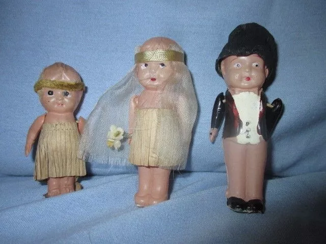 3 Celluloid flapper era Kewpie dolls 3"  1940's bride groom flower girl