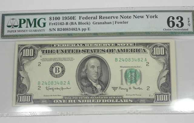 Series 1950-E Green Seal $100 FRN B-District NY PMG 63 Ch Unc EPQ Fr#2162-B