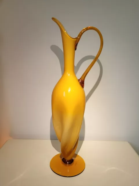 Mid-Century✨️Empoli Hand Blown Butterscotch Amber Cased Glass Pitcher Vase LARGE