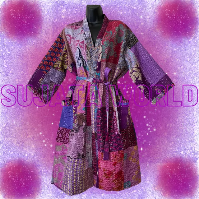 Amethyst Vintage Silk Patcwork Kantha Kimono Gown Duster Coat Boho Art M L Xl