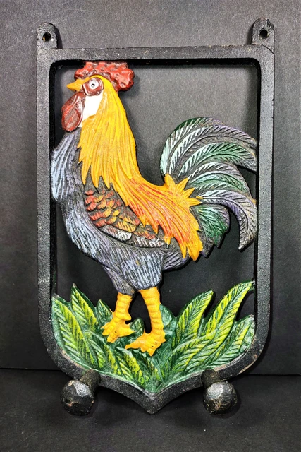 Vintage Cast Iron Hand Painted Rooster Wall Rack 2 Posts, EUC.