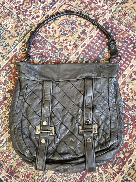 Treesje Black Leather Quilted Shoulder Bag Purse Magnet Closure