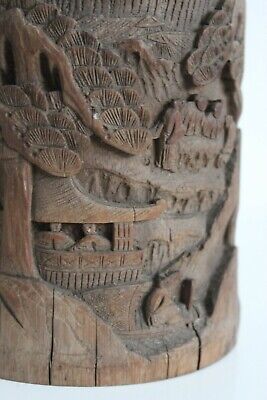 Boîte à Thé en Bambou Sculpté Décor Village Temple XIXe Antique Chinese 3