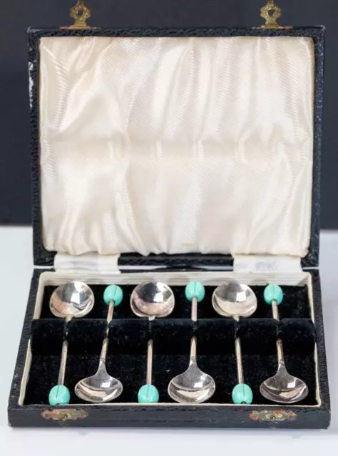 Vintage EPNS Silver Plated Coffee Bean Spoons with Turquoise Bean Ends,In Box.