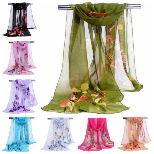 New Women's Long Butterfly Flower Print Chiffon Scarf Soft Wrap Lady Shawl Silk