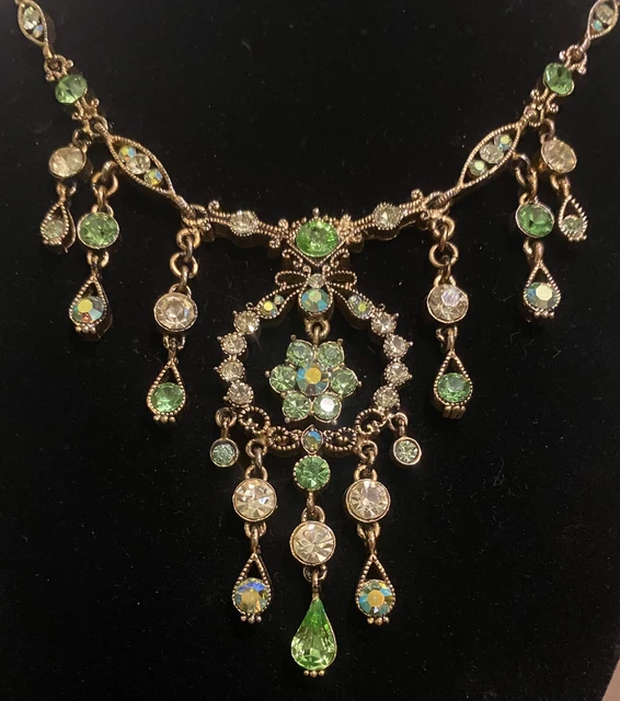 Green Rhinestone Chandelier Necklace Victorian Art Nouveau Edwardian Style