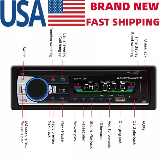 Bluetooth Car Stereo Audio In-Dash FM Aux Input Receiver TF USB MP3 Radio Player