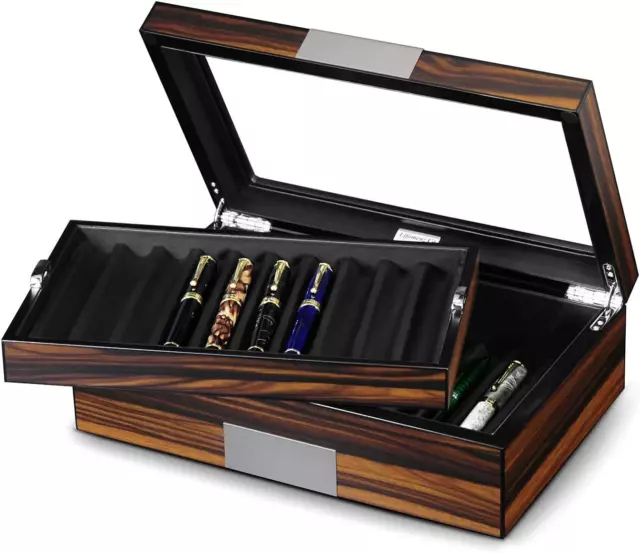 Pen Display Box Ebony Wood Pen Display Case,Fountain Pen Storage Box,20 Pen Orga