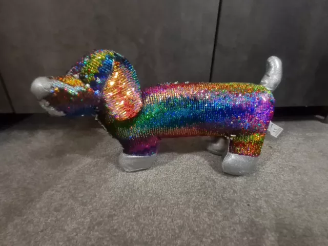 RAINBOW SAUSAGE DOG Sequin Soft Toy Large 18